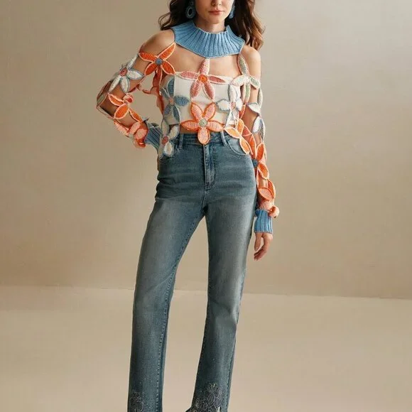 Blue Casual Women's Floral Pattern Sheer Long Sleeve Loose Sweater - Picture 6 of 7